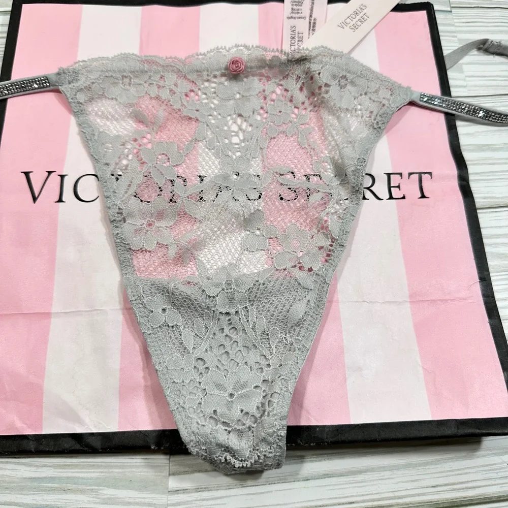 NWT Victoria's Secret Dream Angels V String Thong Gray Lace Rhinestone Detail XL